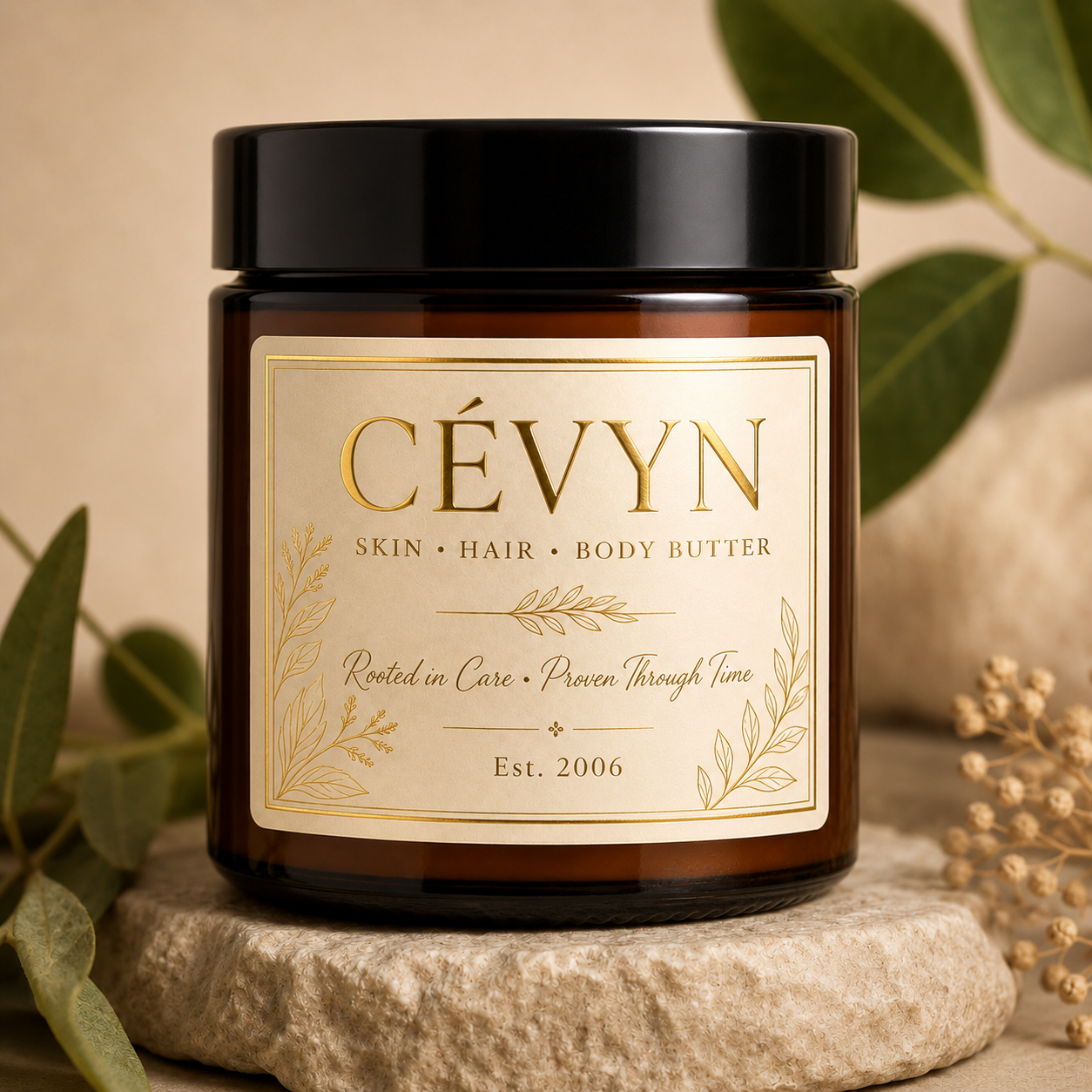 CÉVYN body butter jar on a stone pedestal