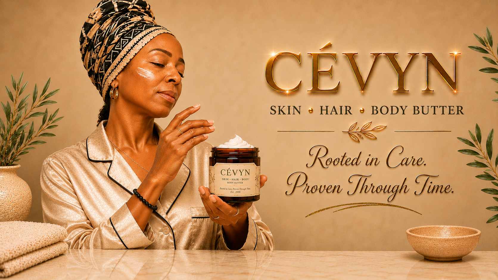 CÉVYN luxury hero campaign featuring a woman holding the open body butter jar